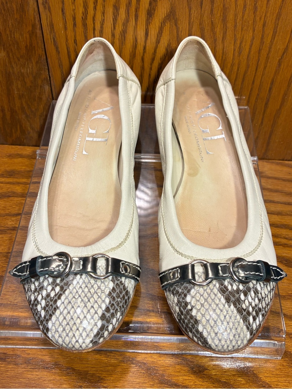 AGL Italy Made Snakeskin Cap Toe Cream Leather Ballet Flats EU 38.5 US 8.5